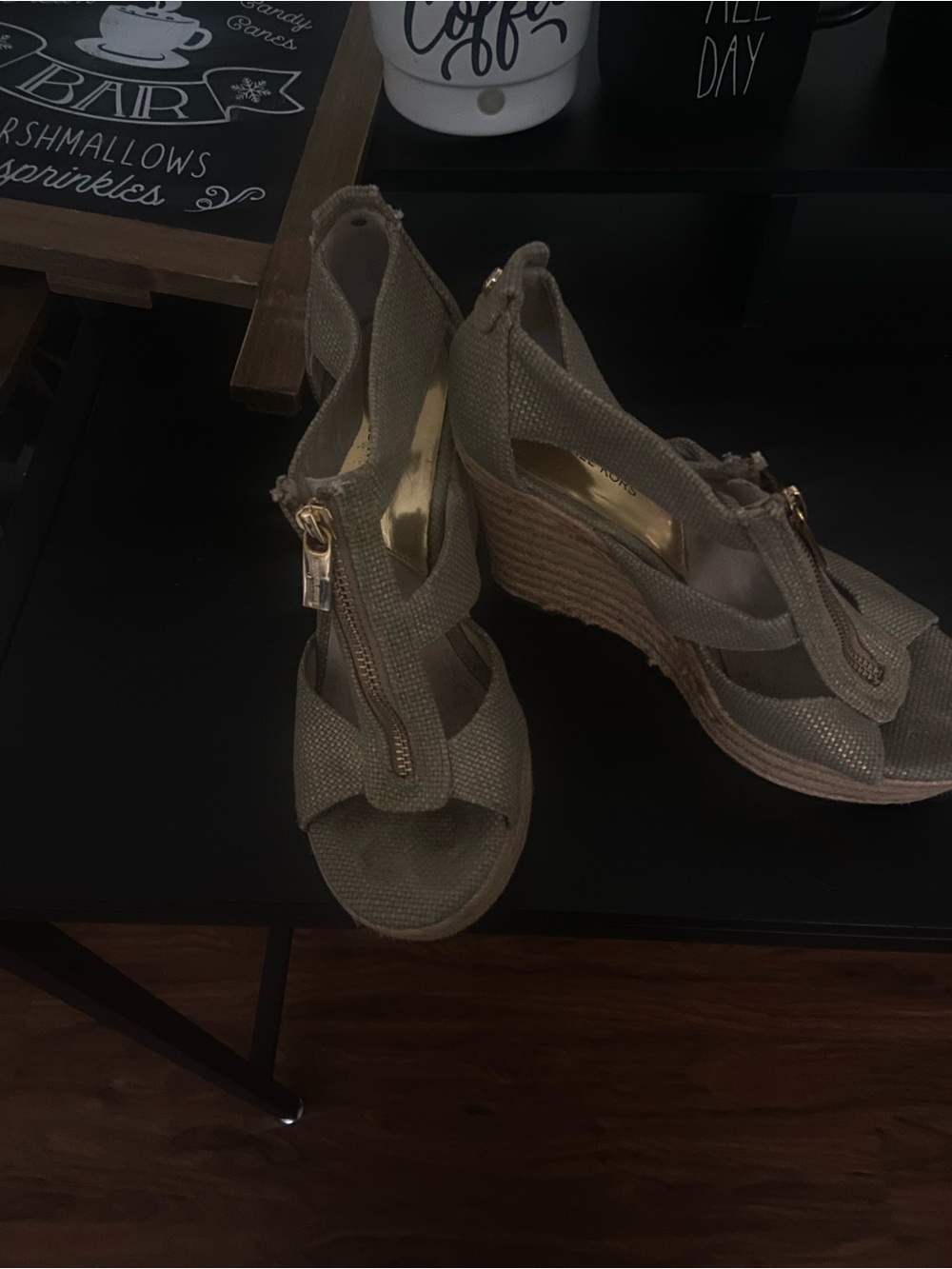 Michael Kors Beige Knit Wedge Sandals with Gold Zip